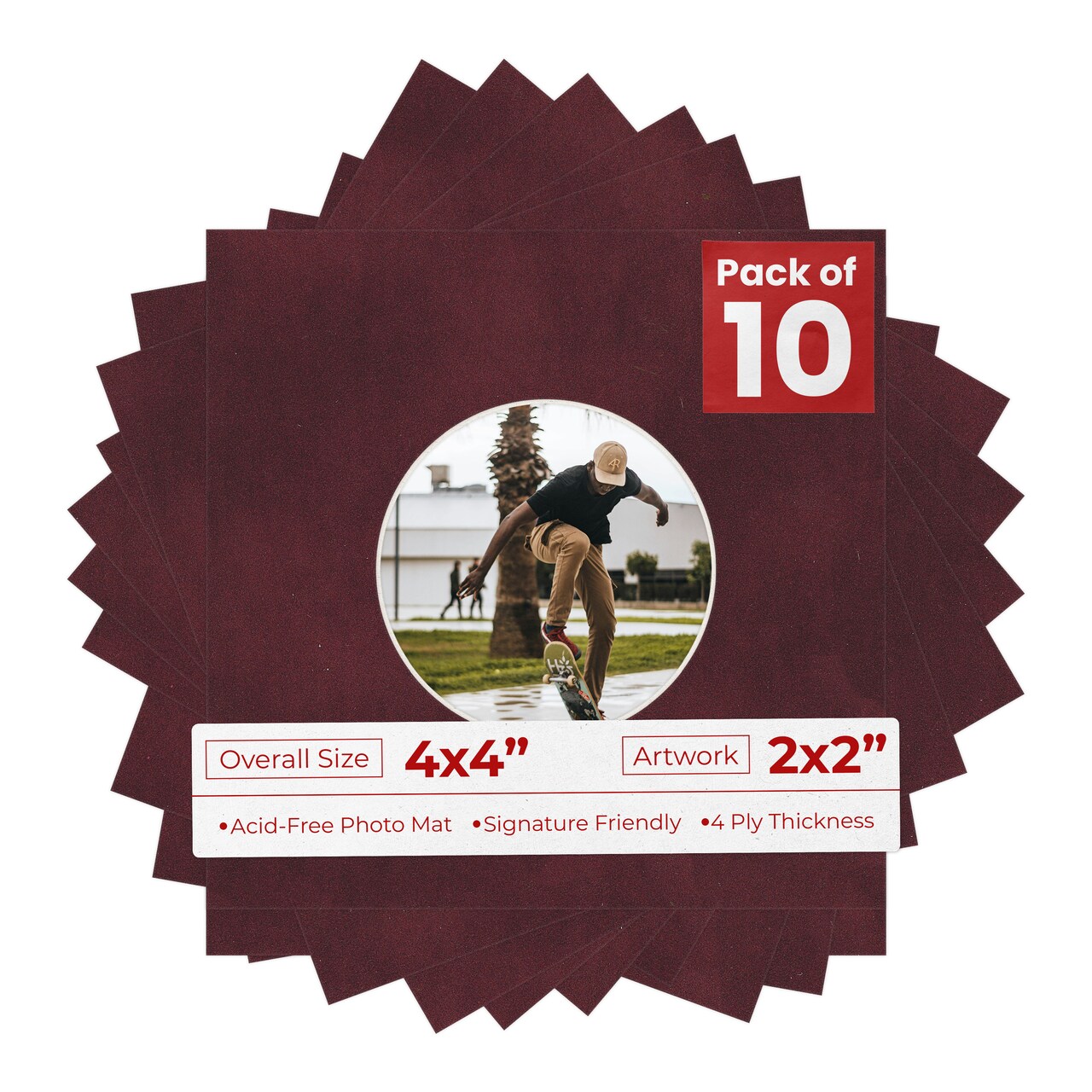 Dark Red Suede Mat Board for 4x4 Inch Frames - Circle Opening for 2x2 Photos